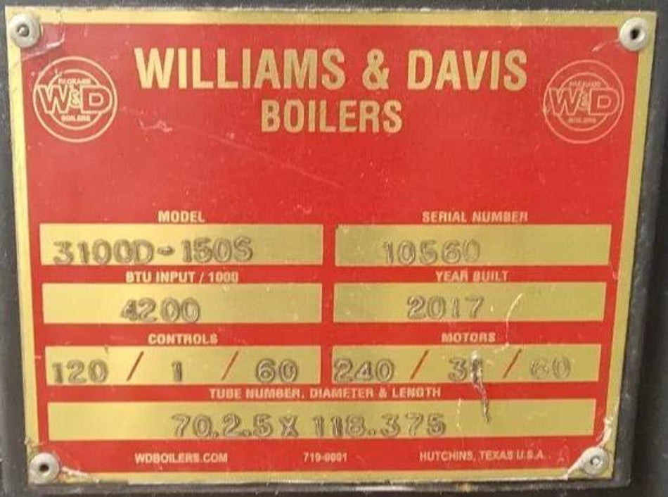 Williams & Davis 150HP Steam Boiler w/ Ancillary Equipment - Model 3100D-150S, 5,175 MBH Input (2017)