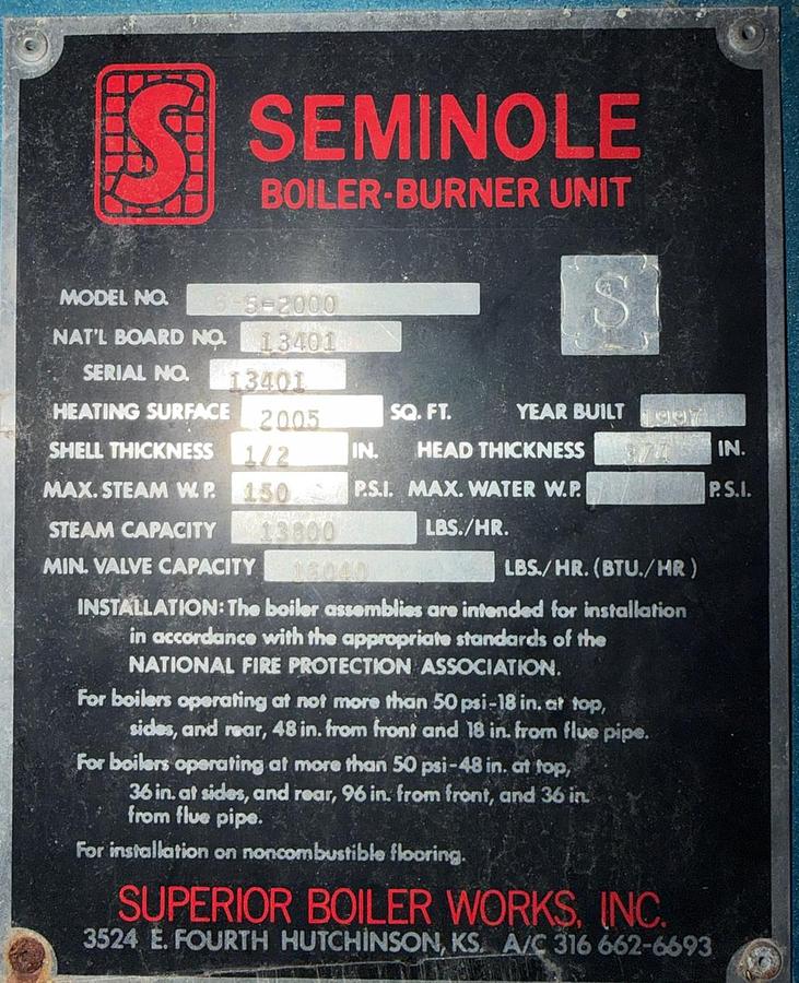 Superior Boiler Seminole 400HP 150PSI Packaged Steam Boiler 6-5-2000 Natural Gas 1997