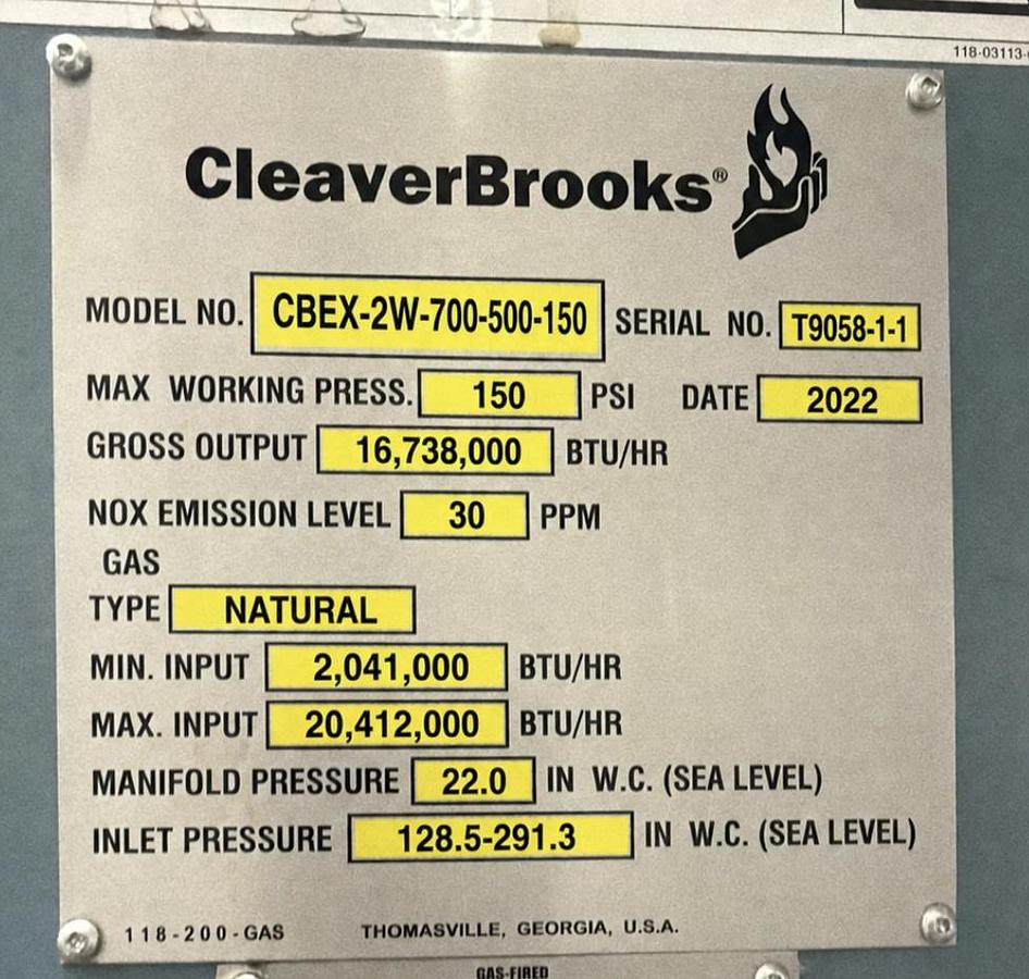 CleaverBrooks machine nameplate with technical specifications