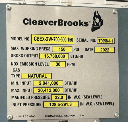 CleaverBrooks machine nameplate with technical specifications