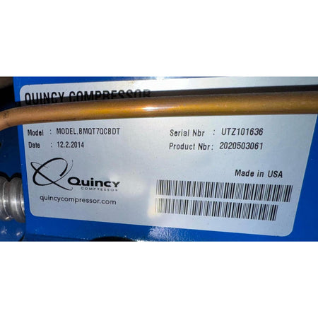 Quincy Compressor BMQT7QCBDT nameplate showing model, serial number UTZ101636, product number 2020503061, date 12.2.2014, Made in USA