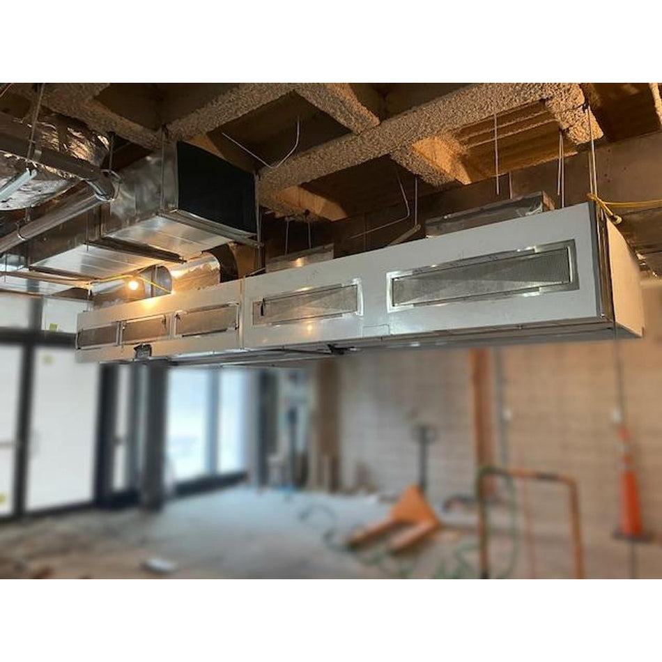 Spring Air KES-ISH stainless steel commercial kitchen exhaust hood system ceiling-suspended with perforated grease filters and integrated lighting, UL listed