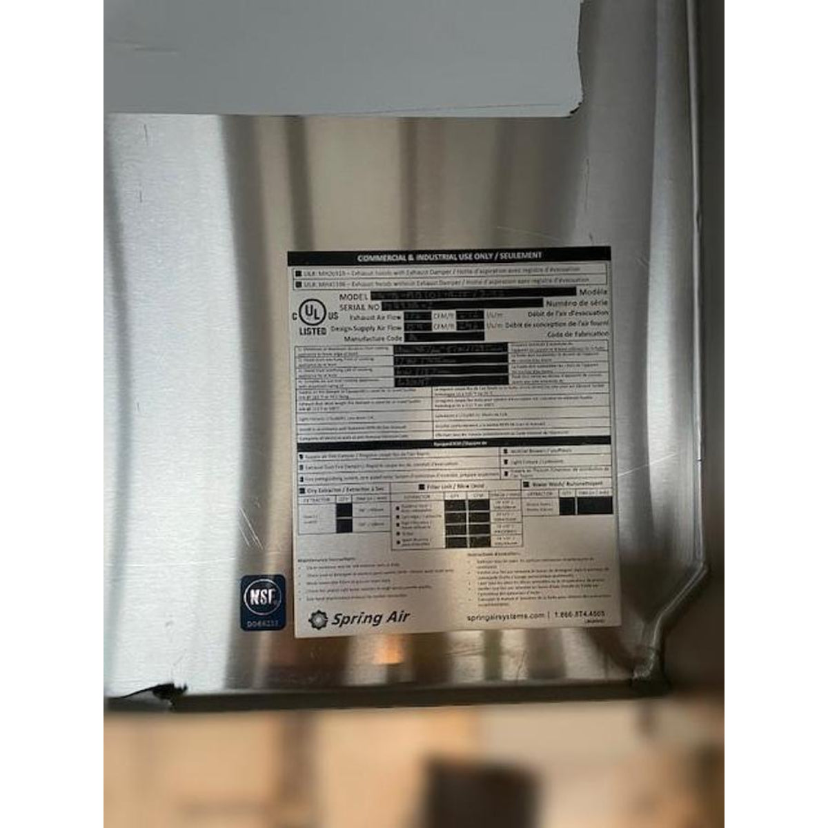 Spring Air KES-ISH stainless steel exhaust hood UL Listed and NSF certified specification label showing model, serial number, exhaust air flow, and commercial use ratings