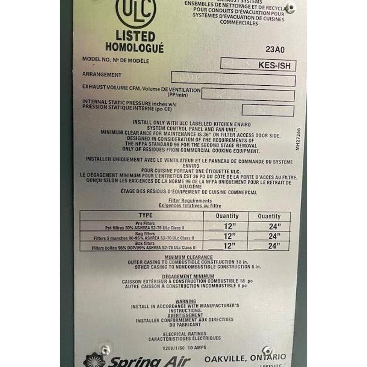 Spring Air KES-ISH commercial kitchen exhaust hood ULC Listed nameplate showing model number, filter requirements, NFPA 96 compliance, and Oakville Ontario manufacturer details