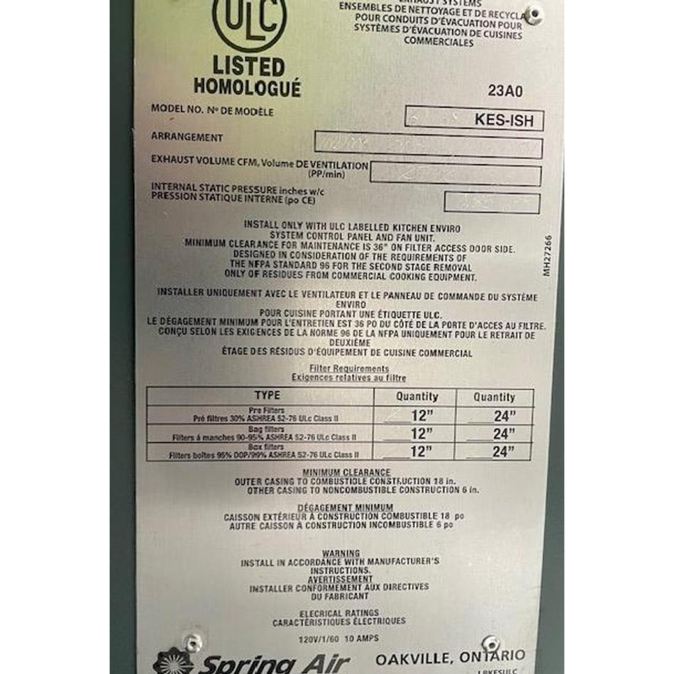 Spring Air KES-ISH commercial kitchen exhaust hood ULC Listed nameplate showing model number, filter requirements, NFPA 96 compliance, and Oakville Ontario manufacturer details