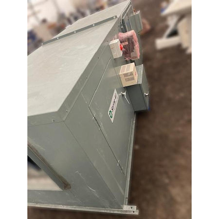 Spring Air KES-ISH roof-mounted exhaust fan housing side view showing gray painted steel construction, electrical junction box, control components, and Spring Air logo