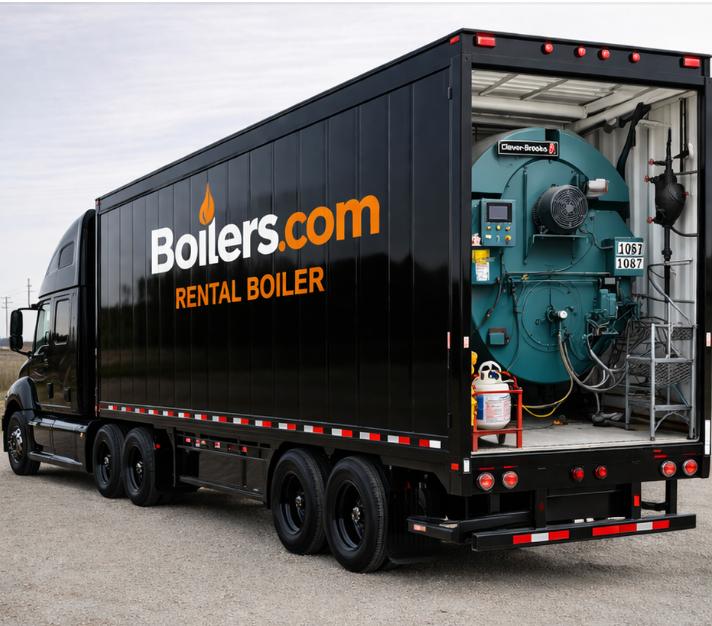Boilers.com rental boiler delivery truck with Cleaver Brooks boiler