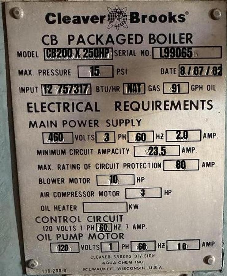 250 HP Cleaver Brooks CB200 Firetube Steam Boiler #BSCB250HP271 — photo 3