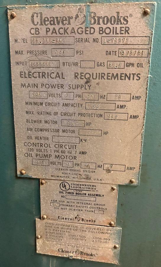 200 HP Cleaver Brooks CB-100-200 Firetube Steam Boiler #BSCB250HP246 — photo 2