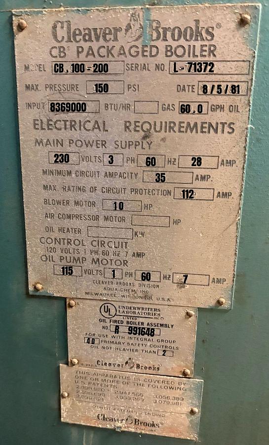200 HP Cleaver Brooks CB-100-200 Firetube Steam Boiler #BSCB250HP246 — photo 3