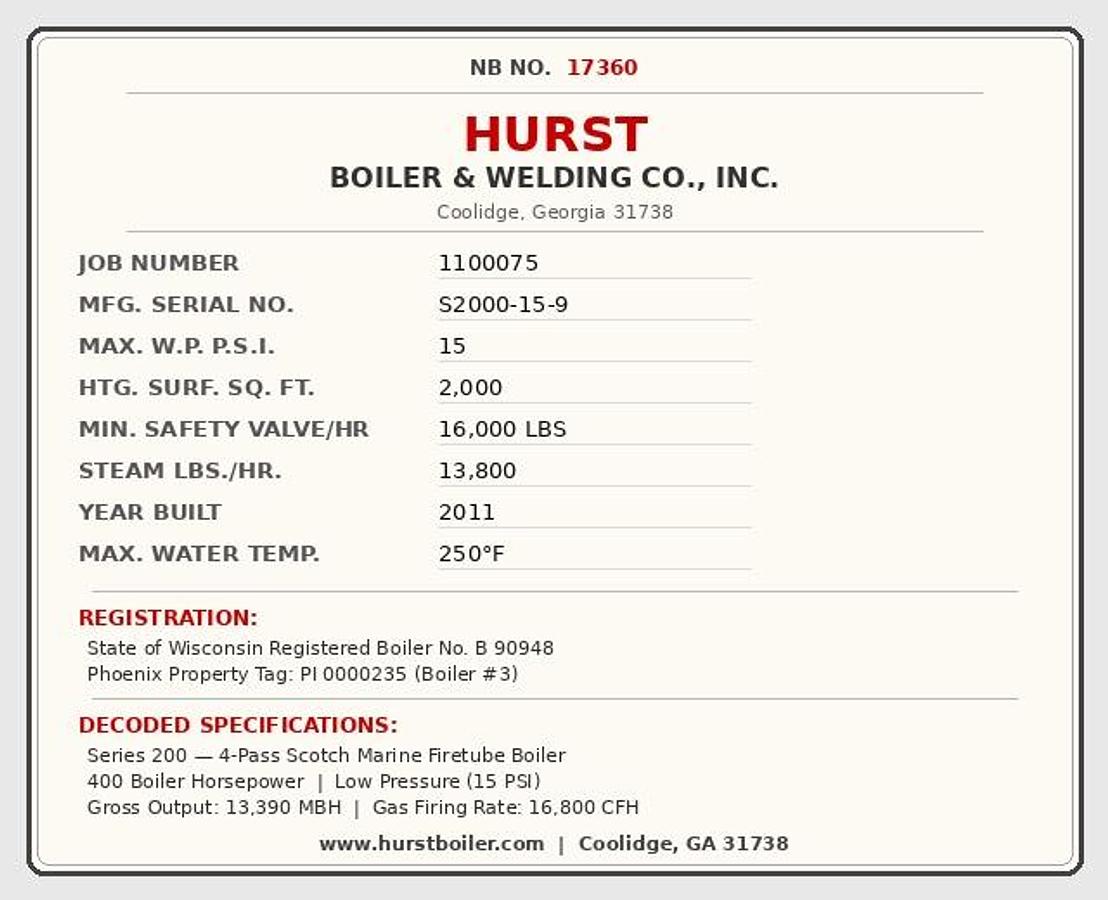 400 HP Hurst Boiler S2000-15-9 Firetube Steam Boiler #BSH400HP289 — photo 3